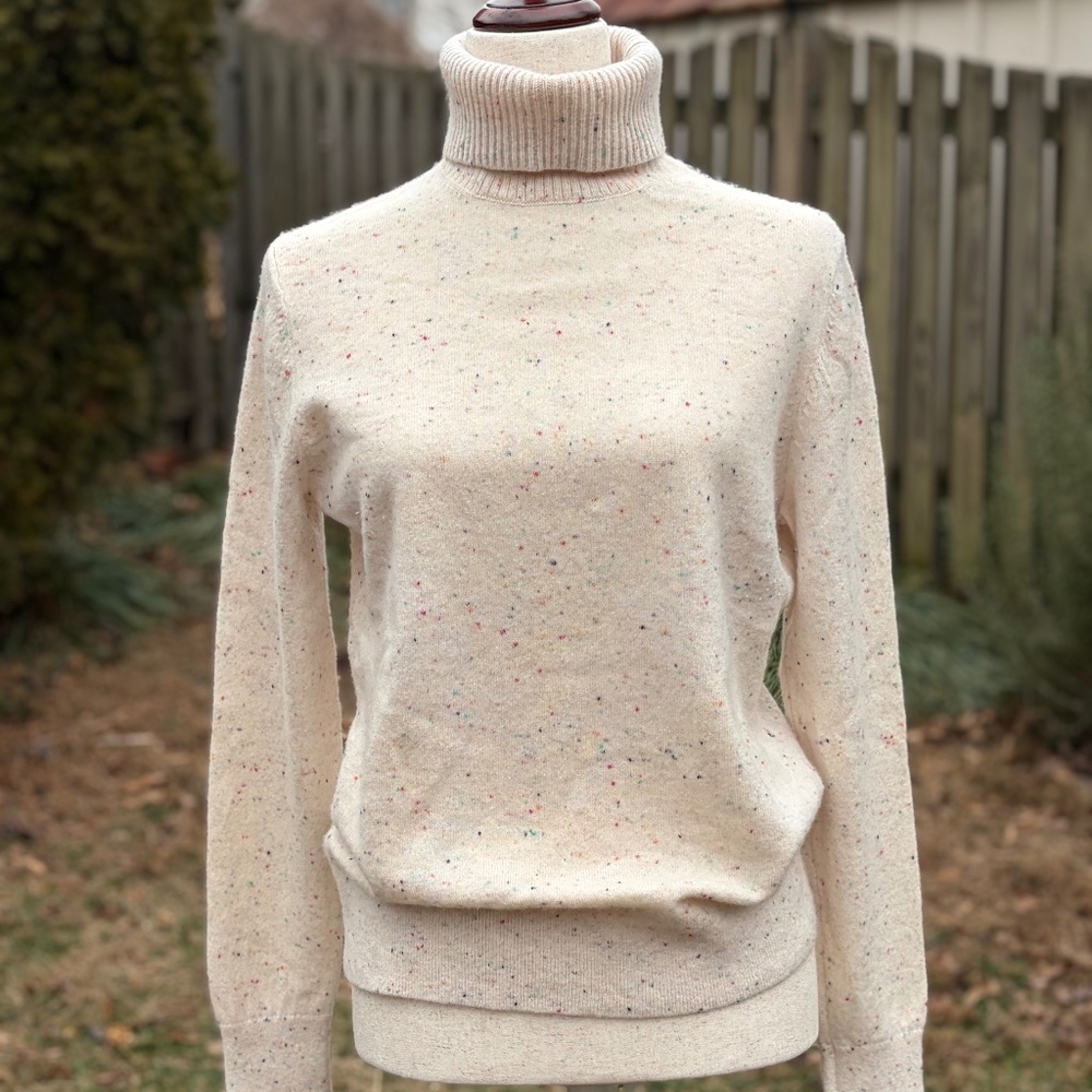 Lands’ End 100% Cashmere Turtleneck Sweater Medium Ivory Rainbow Donegal